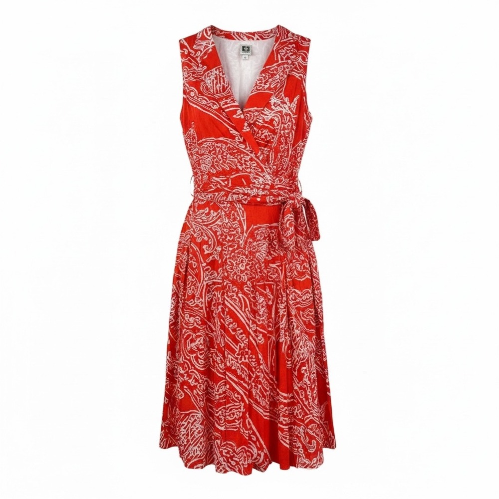 Anne Klein Faux Wrap Dress‎ Womens 14 Orange White Paisley Sleeveless Tie Waist